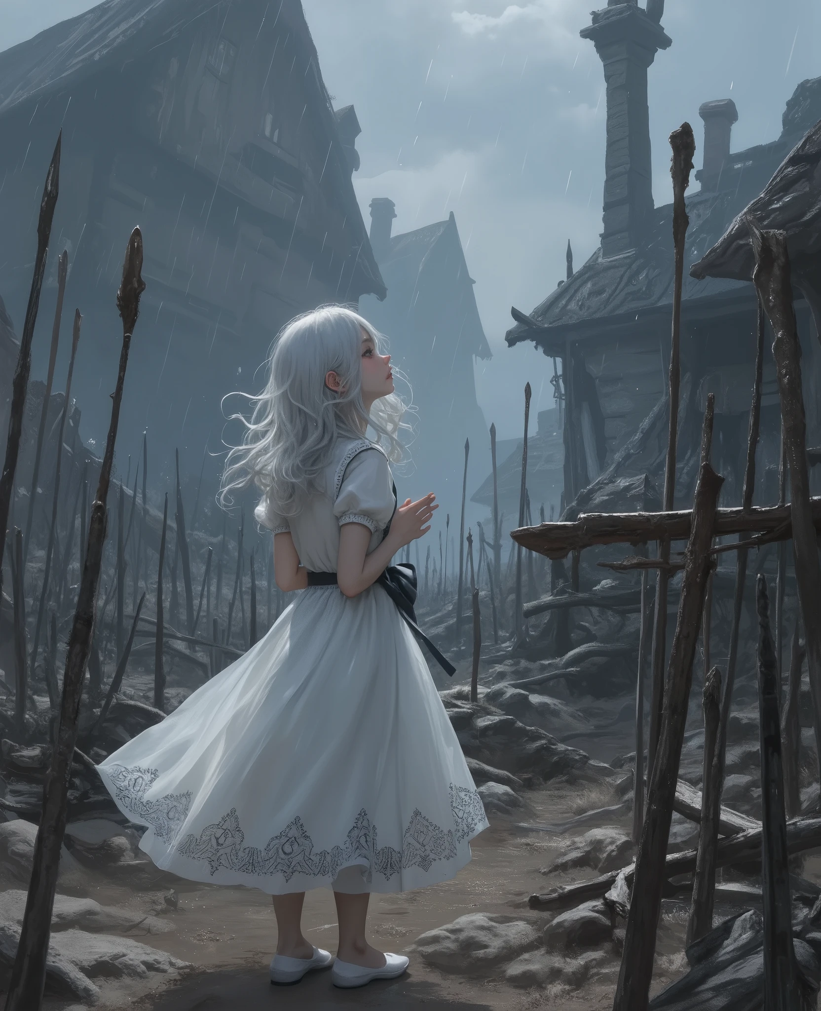 1girl\(very beautiful shrine maiden,white shrine maiden around , White hair, long hair, slightly curled at the ends, hair fluttering in the breeze, pupil-less eyes, dress\(soft fabric, geometric embroidery on the hem, black ribbon on the waist, knee-length, short-sleeved\), white flat shoes, delicate and beautiful texture like a doll, an atmosphere of holiness and anxiety\),solo, she is praying outside the ruins, whom she killed, and her prayer expresses regret, a strong sense of mission and a sense of immorality. background\(This was once wooden house village, but now it is a dilapidated ruin with no trace of its former self. To the black beasts, skeleton archers, and dullahans she purified, the rubble and dirt of what was once a village and the decaying weapons on the ground, the remains of a battlefield, countless decaying arrows stuck in the ground, (falling rain of death ,whole scene gloomy sky)\),(Please draw her from a diagonal right, perfect body type, perfect background), best quality, dramatic cult art, absurd beauty, absurd faith, absurd world, beauty of official art