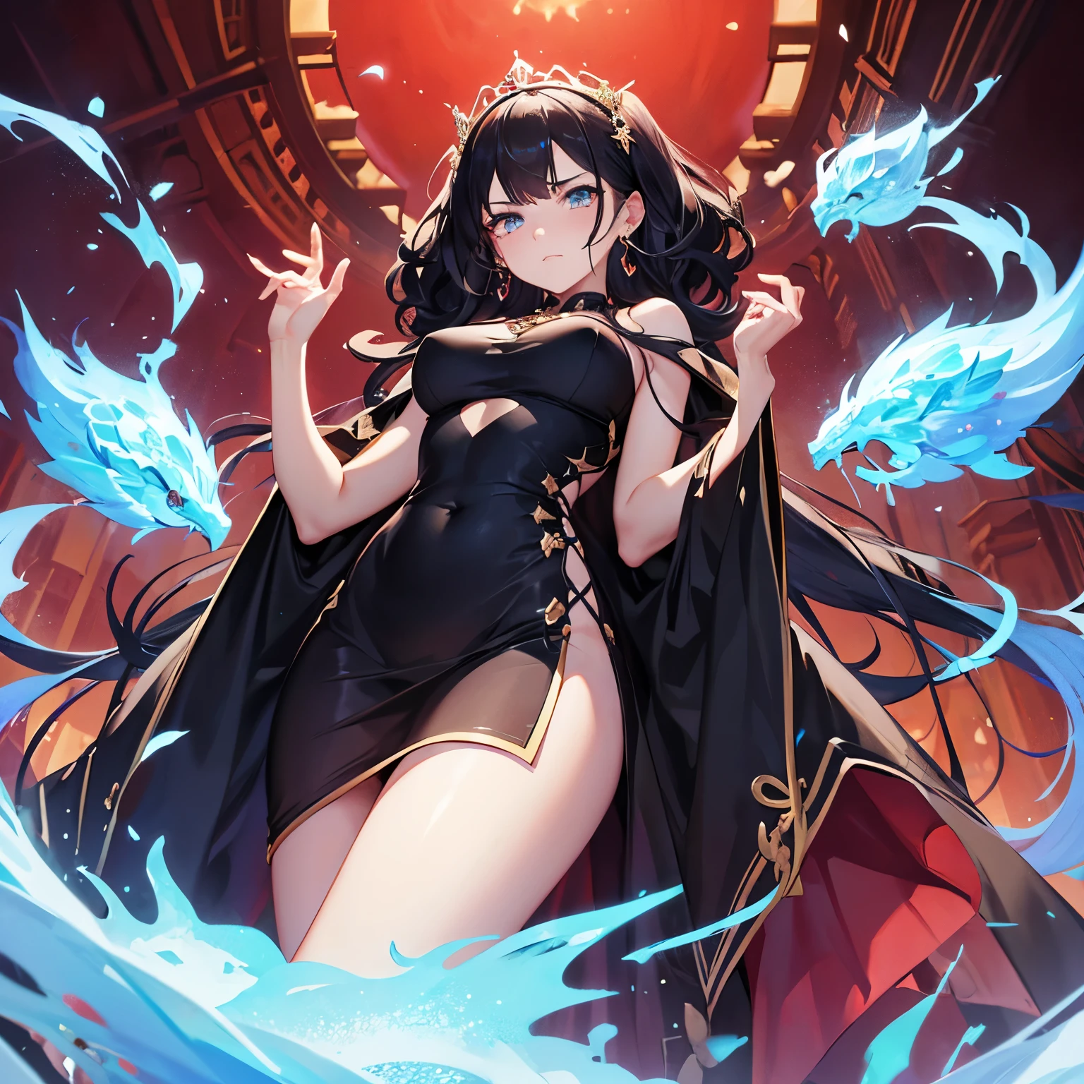 (high quality detailed art 8k, ((anime girl)),((beautiful fantasy queen))), high quality lighting, natural shadows, ((highly detailed art germ)), floating feeling, sexy pose , ((long black hair)), ((long black hair)), dress, large breasts, exposed belly, white liquid, beautiful face, seductive eyes, detailed digital anime art, dynamic angle, straps, (poolside scenery) ), ripples, water surface.
