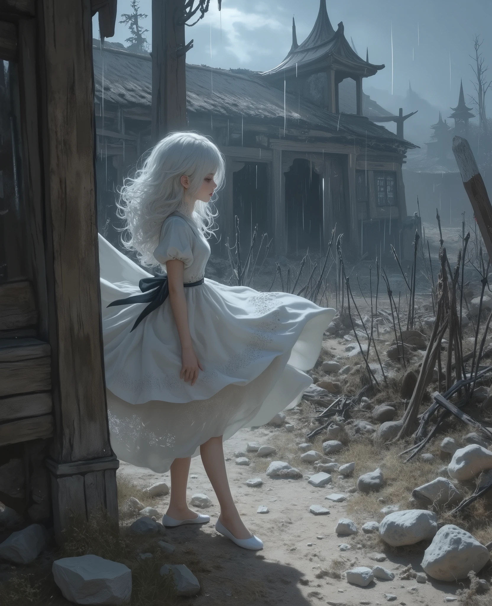 1girl\(very beautiful shrine maiden,white shrine maiden around , White hair, long hair, slightly curled at the ends, hair fluttering in the breeze, pupil-less eyes, dress\(soft fabric, geometric embroidery on the hem, black ribbon on the waist, knee-length, short-sleeved\), white flat shoes, delicate and beautiful texture like a doll, an atmosphere of holiness and anxiety\),solo, she is praying outside the ruins, whom she killed, and her prayer expresses regret, a strong sense of mission and a sense of immorality. background\(This was once wooden house village, but now it is a dilapidated ruin with no trace of its former self. To the black beasts, skeleton archers, and dullahans she purified, the rubble and dirt of what was once a village and the decaying weapons on the ground, the remains of a battlefield, countless decaying arrows stuck in the ground, (falling rain of death ,whole scene gloomy sky)\),(Please draw her from a diagonal right, perfect body type, perfect background), best quality, dramatic cult art, absurd beauty, absurd faith, absurd world, beauty of official art