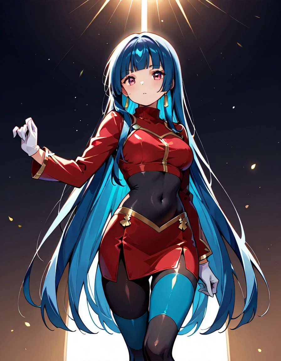 frlgsab, blue hair, blunt bangs, very long hair, black bodysuit, red turtleneck, crop top, covered navel, red sleeves, red skirt, white gloves, black pantyhose、aya