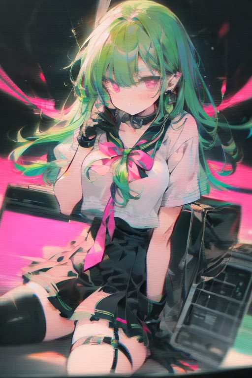 Manami, green hair, pink eyes, black seifuku, short sleeves, stockings, boots, large breasts, crt tv