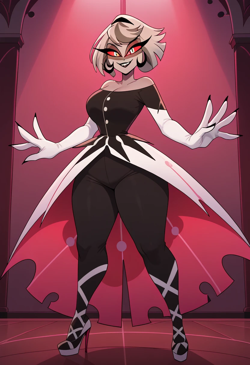 Carmilla_Carmine(hazbin hotel),score_9, score_8_アップ, score_7_アップ,gray skin,hair two high cones, Black dress, white elbow gloves, bare shoulders, lace shoes, short hair, smile,(huge juicy breasts:1.2),breasts, has long eyelashes,dress, ,Black Lip,grey sclera,pigmented sclera  ,red pupils,gray hair,Big Breasts, wide butt, , (Alone), viewers , indoor,whole body,big hands,