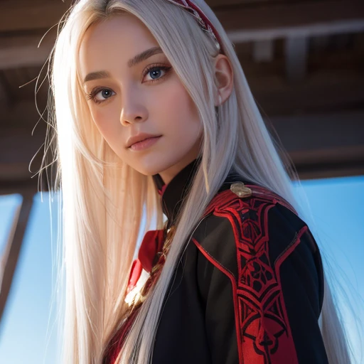 Edelgard&#39;s photo_ Academy,  hair bow, black jacket, black dress,  ascot , red pantyhose,   White Gloves,  high heels, Walking on a battlefield ,  moonlight,  full moon, young, Teen, ( skinny),  small ,  small,  1 girl, (((3d,  video game ))),Masterpiece,  top quality,  intricate details,  8K Ultra HD ,  perfect face ,  perfect eyes