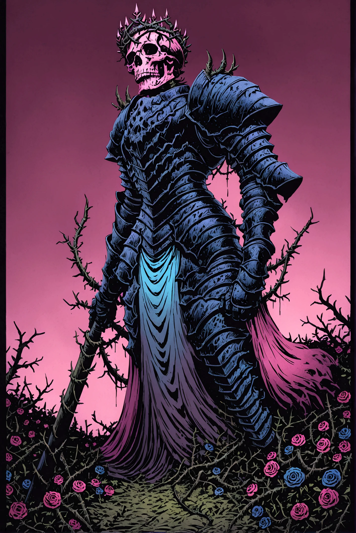 A skeletal Death knight, ribcage visible through tattered dark fabric, wearing blackened dreadwake armor with ornate skull-shaped shoulder pauldrons and a small crown of thorns on its skull, holding a massive two-handed greatsword with a glowing light blue blade planted into the ground, three-quarter view from slightly below, surrounded by stylized pink and blue flowering vines and thorny branches against a soft, pale pink backdrop, dramatic rim lighting highlighting the bone structure and armor details, intricate details on the armor and sword, dark fantasy art, Sinozick style