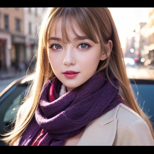  One Girl , stupid hair, bangs, Blonde, Kiss,  blue eyes, blue  scarves , brown  scarves , Cleavage,  Closed Her Mouth ,  eyelash , face,  floating hair in front of car,  hair between eyes , heart, lips, lipstick,  long hair,  Watching Viewers , compensate, night null, nose,  One eye closed, orange  scarves ,  pink lips, pink  scarves ,  Portrait,  purple eyes,  realistic,  red lips, red  scarves ,  scarves , signature, 笑face, Alone, null間, spoken heart, star (null), starry null,  upper body, watermark, Yang Xiaolong , yellow  scarves 