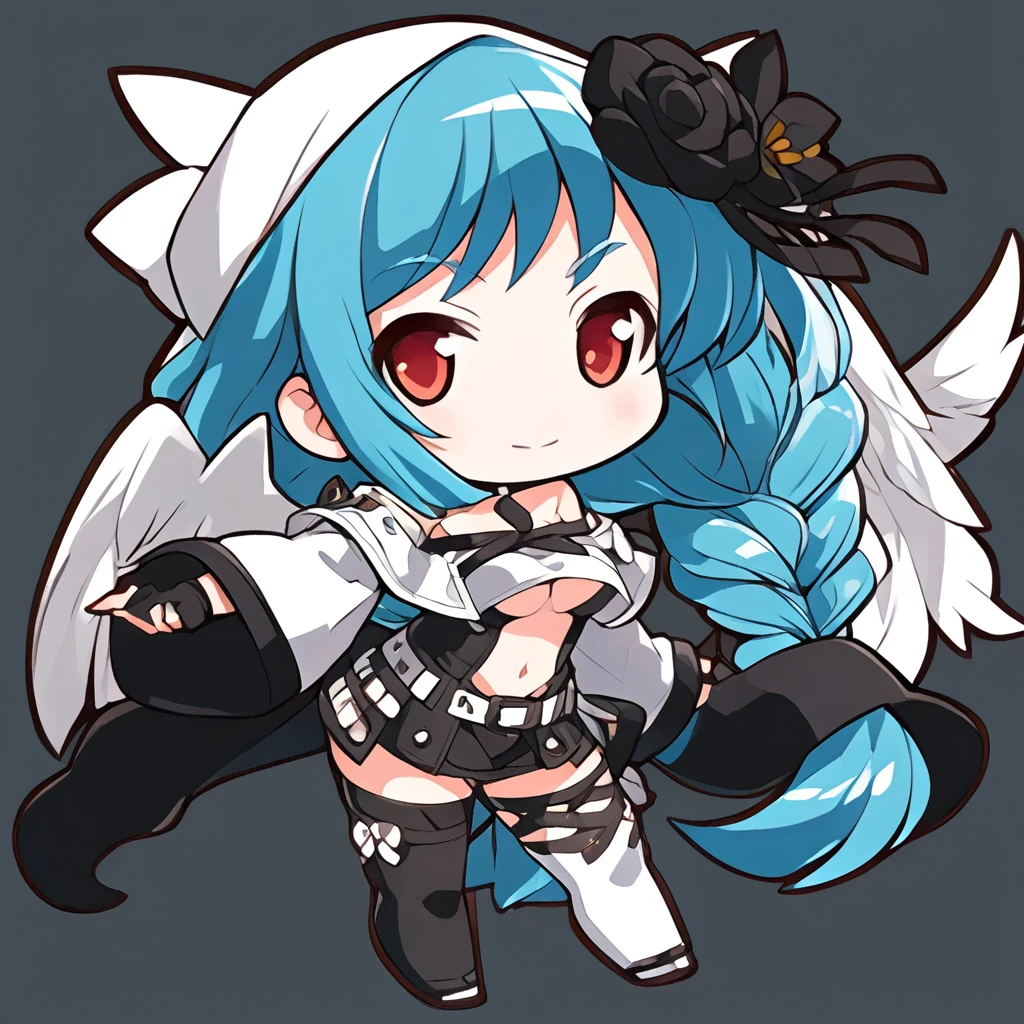 chibi-dol, chibi, full body, 1girl, solo, simple background, {Dizzy \(guilty gear\), red eyes, blue hair, braid, braided ponytail, long hair, hair flower, hair ornament, swept bangs, sidelocks, long black dress, front slit dress, high-collared white top, capelet, white capelet, white wide sleeves, black ribbon in the collarbone area, belted at the waist, white sash adorned with two black flowers, white pants, black fingerless gloves, stirrup legwear, thighhighs, choker, bare shoulders, underboob, wide sleeves, detached sleeves, long sleeves, midriff, navel, cleavage, thighs, black legwear, belt, leotard, center opening, collarbone, thigh strap, mini skirt, black panties,
bandana, crop top, sailor collar, denim shorts,
tail, tail ornament,
asymmetrical wings,,}