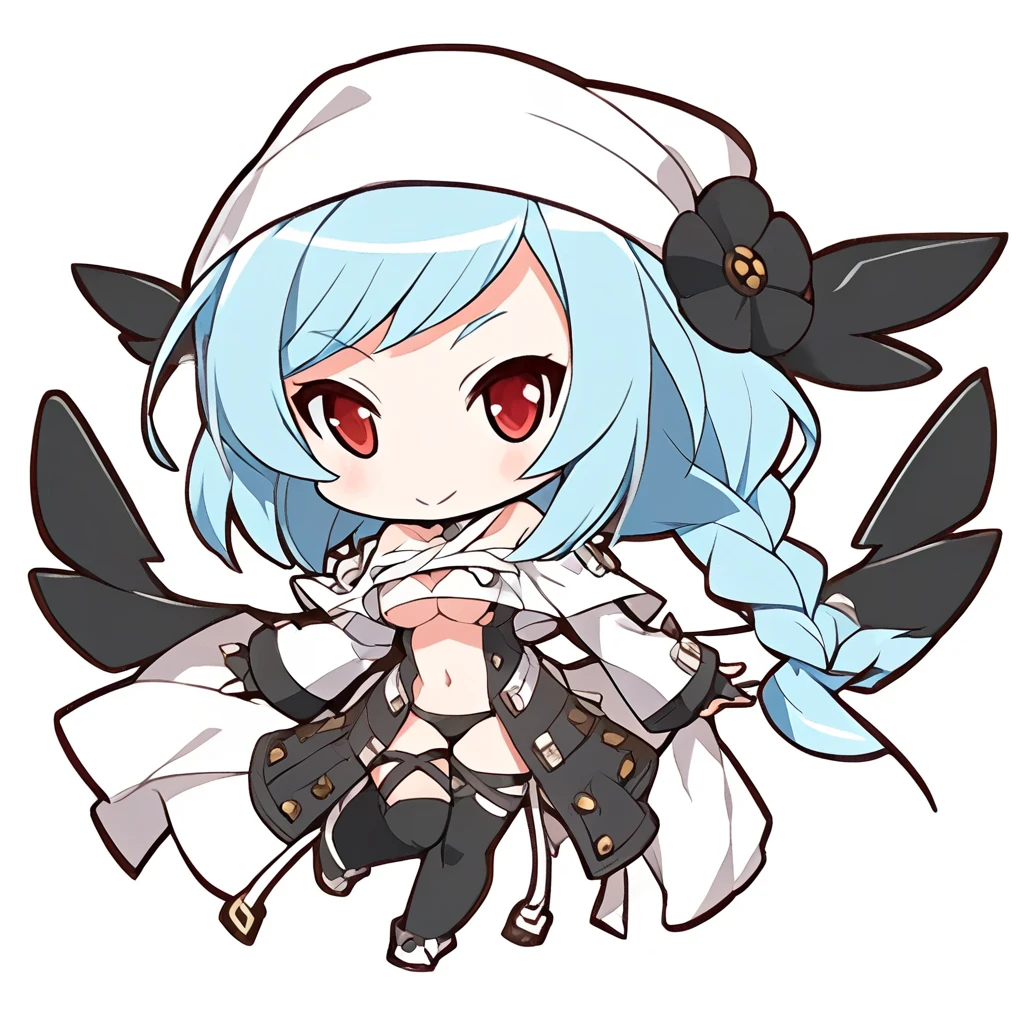 chibi-dol, chibi, full body, 1girl, solo, simple background, {Dizzy \(guilty gear\), red eyes, blue hair, braid, braided ponytail, long hair, hair flower, hair ornament, swept bangs, sidelocks, long black dress, front slit dress, high-collared white top, capelet, white capelet, white wide sleeves, black ribbon in the collarbone area, belted at the waist, white sash adorned with two black flowers, white pants, black fingerless gloves, stirrup legwear, thighhighs, choker, bare shoulders, underboob, wide sleeves, detached sleeves, long sleeves, midriff, navel, cleavage, thighs, black legwear, belt, leotard, center opening, collarbone, thigh strap, mini skirt, black panties,
bandana, crop top, sailor collar, denim shorts,
tail, tail ornament,
asymmetrical wings,,}