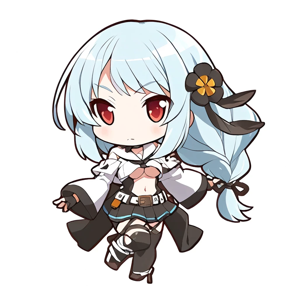 chibi-dol, chibi, full body, 1girl, solo, simple background, {Dizzy \(guilty gear\), red eyes, blue hair, braid, braided ponytail, long hair, hair flower, hair ornament, swept bangs, sidelocks, long black dress, front slit dress, high-collared white top, capelet, white capelet, white wide sleeves, black ribbon in the collarbone area, belted at the waist, white sash adorned with two black flowers, white pants, black fingerless gloves, stirrup legwear, thighhighs, choker, bare shoulders, underboob, wide sleeves, detached sleeves, long sleeves, midriff, navel, cleavage, thighs, black legwear, belt, leotard, center opening, collarbone, thigh strap, mini skirt, black panties,
bandana, crop top, sailor collar, denim shorts,
tail, tail ornament,
asymmetrical wings,,}