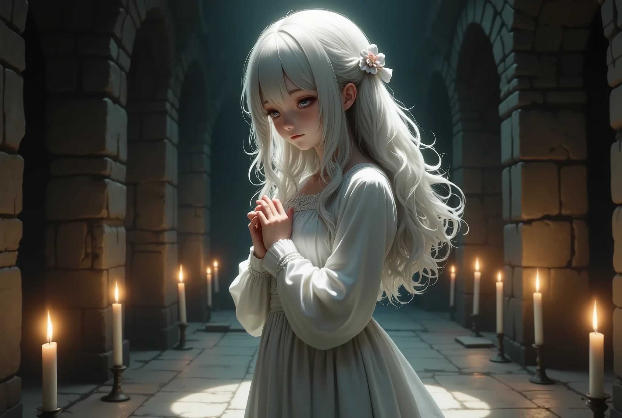 A delicate girl,flowing long white wavy hair stands gracefully in a dark, ruined hall. Her side-facing pose highlights her soft features and intricate hairstyle, while her hands are gently clasped near her chest, conveying a sense of unease. Her luminous white dress reflects the warm glow of the surrounding candles, creating a soft interplay of light and shadow. The flickering candles cast a magical ambiance, with dark stone stairs and shadows forming a foreboding backdrop. The subtle reflections on her hair and