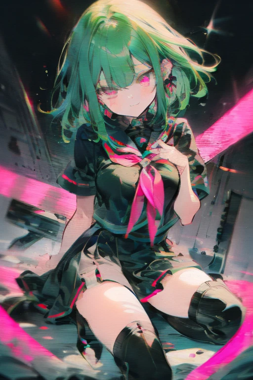 Manami, green hair, pink eyes, black seifuku, short sleeves, stockings, boots, large breasts, crt tv