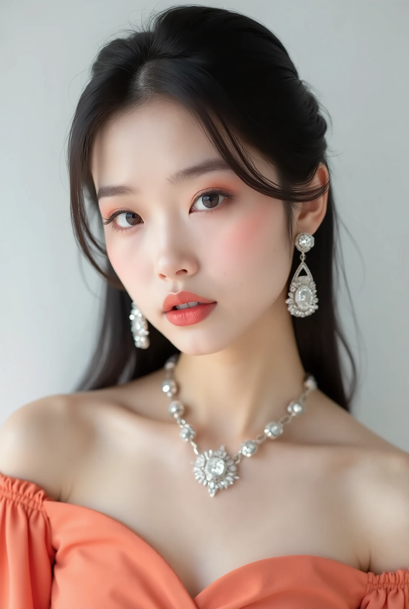 A beautiful black-haired Chinese girl. She is twenty years old with a typical Chinese face. She is wearing a salmon-colored off-shoulder dress. She is wearing brown eyeshadow and salmon lipstick. She has a calm, indifferent, and stern appearance with no smile and a serious face. She is posing for a photo shoot like an idol. white background, Blush, Makeup, Salmon-colored lips, Long hair, Straight hair, Neat hair, Chinese girl, , saxy, very straight hair, Model, photo shoot, Black hair, 、 hairstyle shortcuts、smile、young. wearing luxurious white diamond earrings, wearing a white diamond necklace, throw,