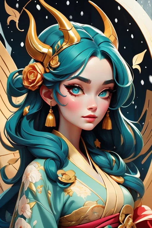 Perfect face. Perfect hands. A teal haired woman with golden eyes and an hourglass figure and golden horns in a pretty kimono is smiling while leaning forward in a flurry of snow