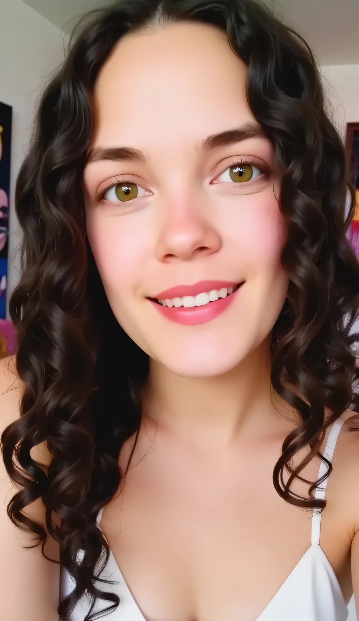 "((best illustration,masterpiece,ultra-detailed)), profile picture, smiling with long black curls and blue blouse, Disney princess style brunette skin, dynamic angle, dynamic look, curly hair, ((1girl):1.2, blue eyes), good contrast,"