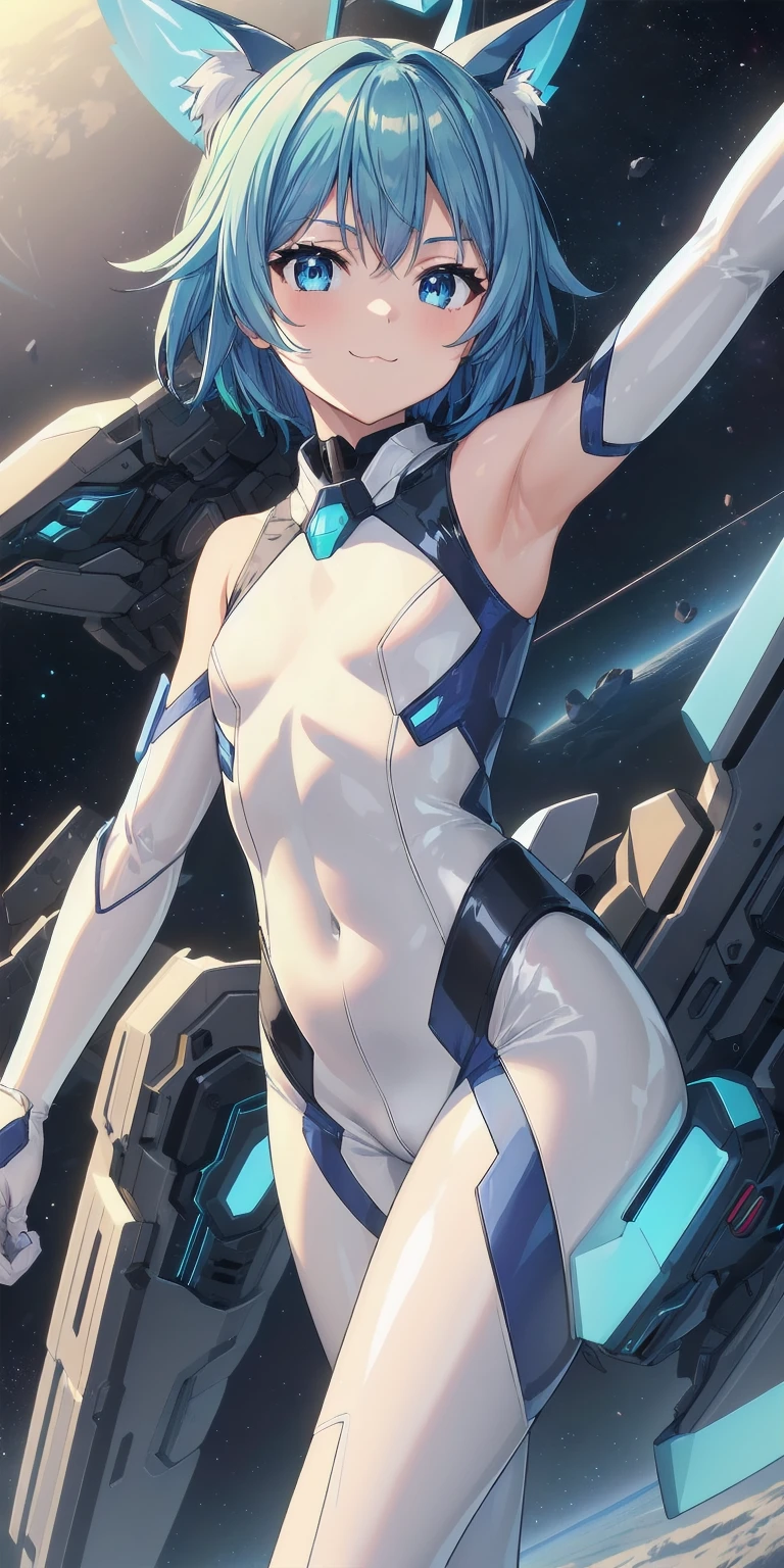 1girl, solo, tailblue, medium hair, blue hair, perfect face, blue eyes, looking at viewer, cute, smile, :3, uwu, closed mouth, small breasts, (shiny white latex bodysuit:1.2), white elbow gloves, space in background, cowboy shot, scifi, masterpiece, high resolution, best quality,