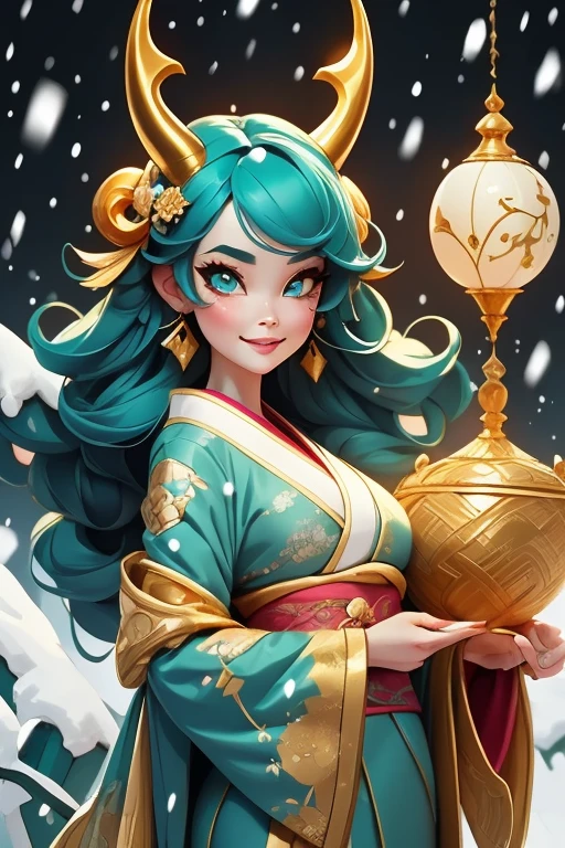 Perfect face. Perfect hands. A teal haired woman with golden eyes and an hourglass figure and golden horns in a pretty kimono is smiling while leaning forward in a flurry of snow