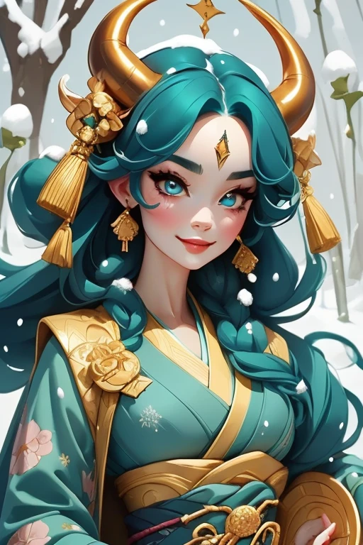 Perfect face. Perfect hands. A teal haired woman with golden eyes and an hourglass figure and golden horns in a pretty kimono is smiling while leaning forward in a flurry of snow