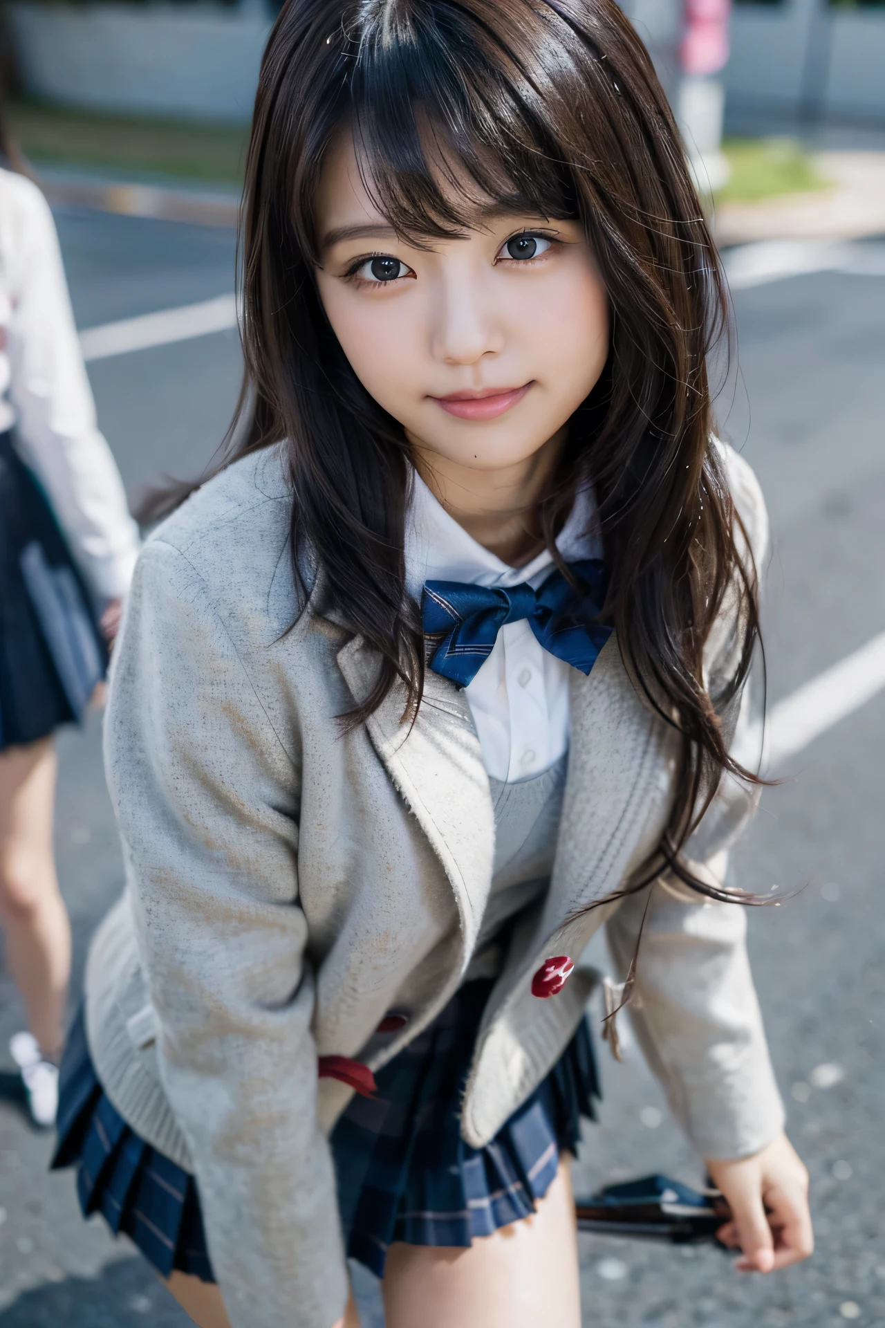 Japanese、18-year-old、high school girl、Navy blue blazer uniform、Red checkered mini skirt、Crouching down and waving with both hands, there are five fingers clearly visible