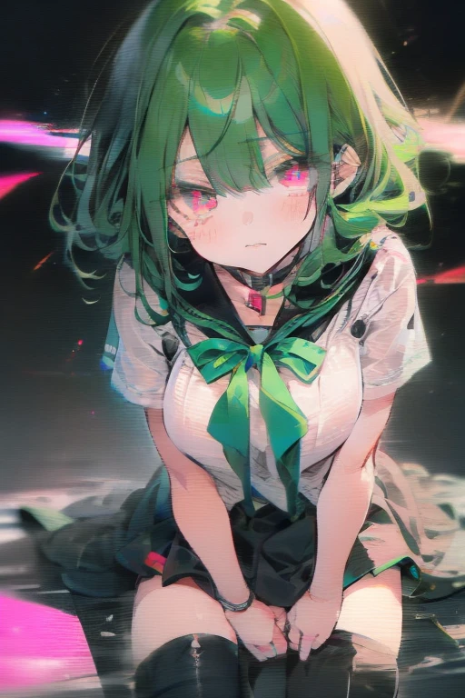 Manami, green hair, pink eyes, black seifuku, short sleeves, stockings, boots, large breasts, crt tv