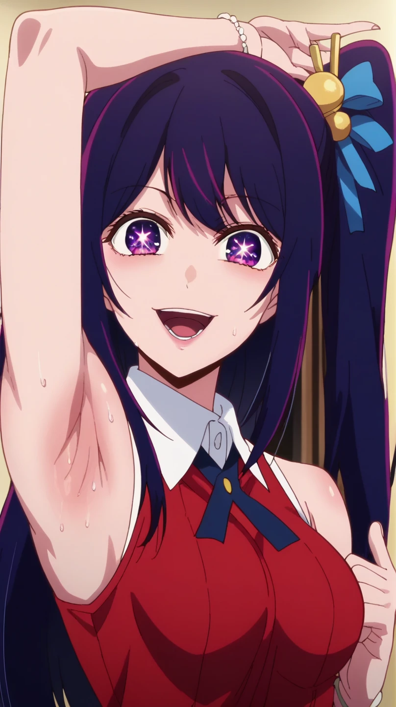 score_9, score_8_up, score_7_up, source_anime, anime screencap, 1girl, solo, ai hoshino, purple hair, side ponytail, hair pin, purple eyes, star pupils eyes, medium breasts, long hair, arm up, raised arm, armpit, looking at viewer, head towards viewer, smile, badhandv4, opened mouth,red shirt, white collar, blue tie ribbon, bracelet, sleeveless, from side, stage perform, sweaty armpits