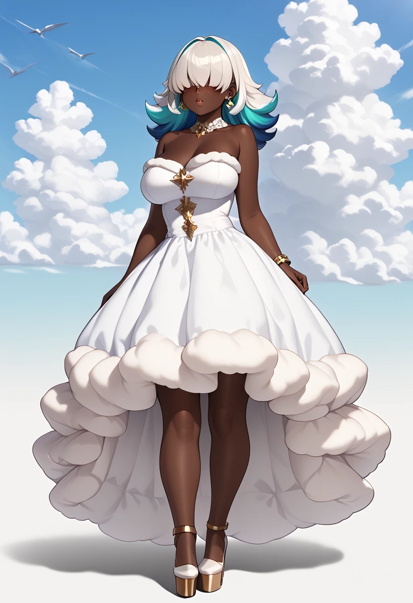 1girl, solo, masterpiece, best quality, (anime art style:1.0), score_9, score_8_up, score_7_up, source_, blushing, round breasts, looking at viewer, cloud dress, white dress, fluffy dress, cloud, hair over eyes, puffy fluffy aqua colored hair, stud earrings, strapless dress, platform high heel white shoes, gold anklet, very dark skin, soft pink lips 