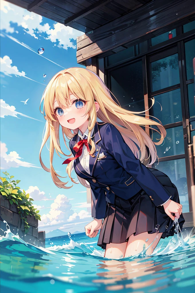 (8k,  top quality, masterpiece: 1.2), ultra high definition, 1 person,  cute, Alone, very detailed face,  is standing,  blondes,  blazer,  shirt, blouse, ribbon,  navy blue のシワ付スカート,  navy blue , Gothic Long Skirt, sea, sea水浴,  Soaking,  water play , 頭から足まで Soaking, Submersion, ish,  best smile, date,  excited, There are water droplets on the body, Water up to one&#39;s chest,  is standing, 