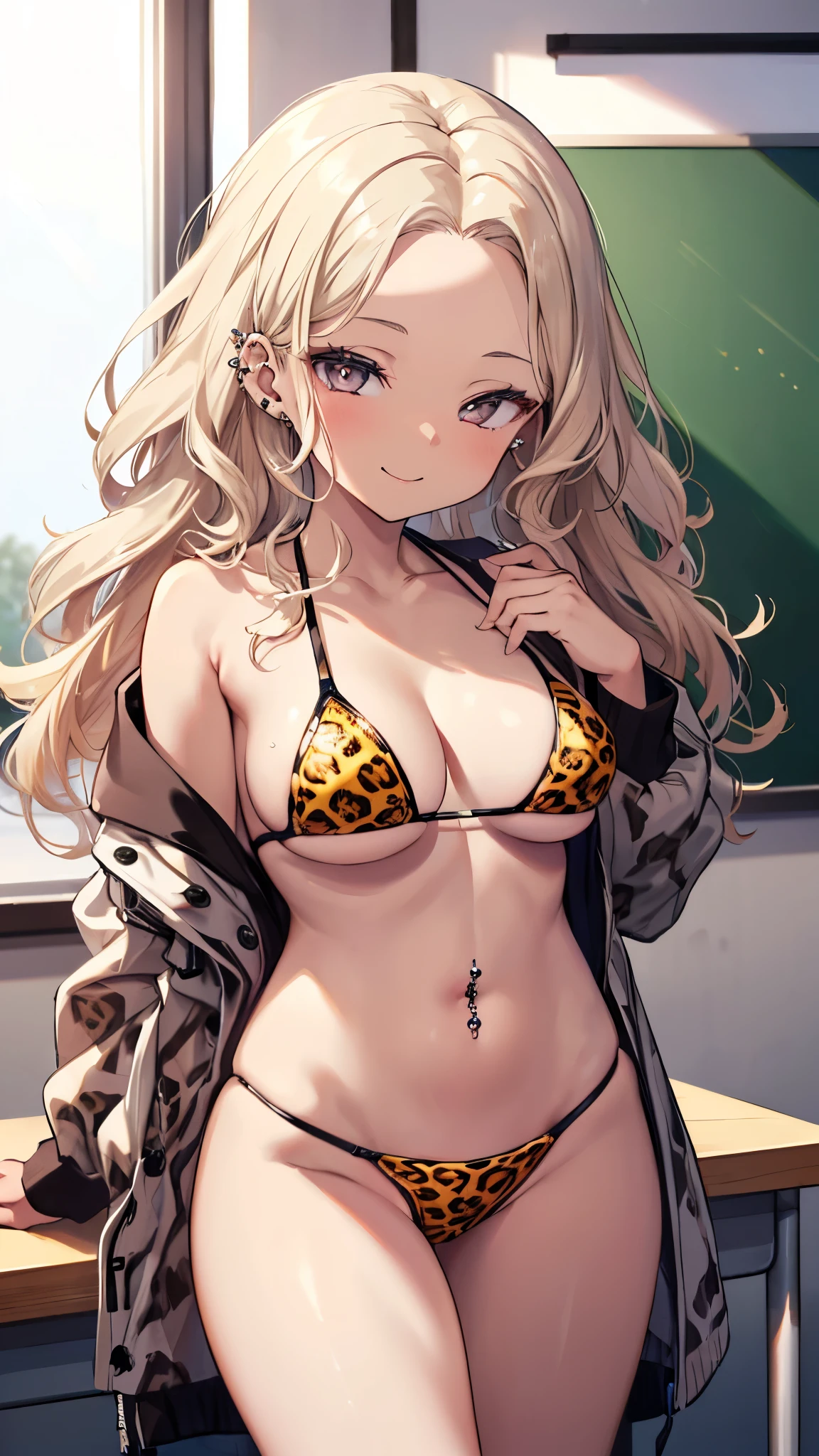 ((masterpiece、 top quality、 very detailed))、 one girl、(( brown skin:1.3))、Blonde、 long hair、((wavy hair))、((forehead))、 gray eyes、evil smile、((lots of piercing))、((Moderate breasts))、((leopard print bikini))、 Cowboy Shots、 Classroom Background