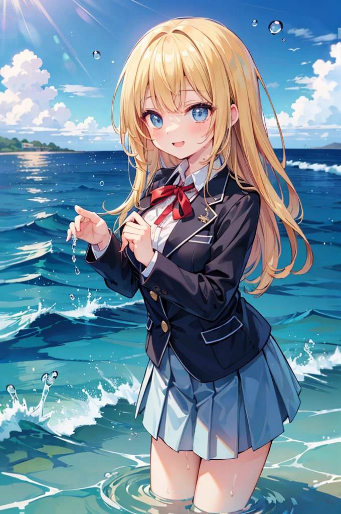 (8k,  top quality, masterpiece: 1.2), ultra high definition, 1 person,  cute, Alone, very detailed face,  is standing,  blondes,  blazer,  shirt, blouse, ribbon,  navy blue のシワ付スカート,  navy blue , Gothic Long Skirt, sea, sea水浴,  Soaking,  water play , 頭から足まで Soaking, Submersion, ish,  best smile, date,  excited, There are water droplets on the body, Water up to one&#39;s chest, A hand soaked in water, 