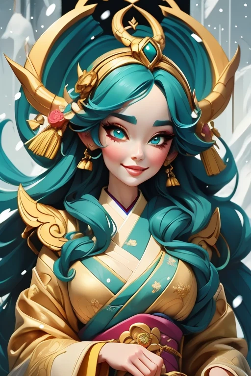 Perfect face. Perfect hands. A teal haired woman with golden eyes and an hourglass figure and golden horns in a pretty kimono is smiling while leaning forward in a flurry of snow