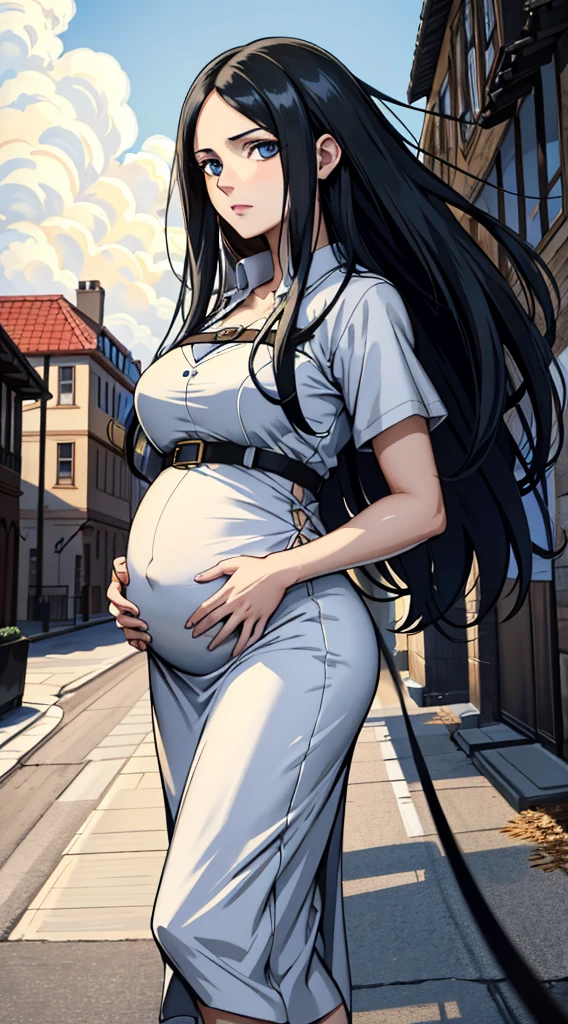high qulity，A pregnant girl，walking at street，Angry，Attracting attention，Wearing a ring on his hand，Black hair