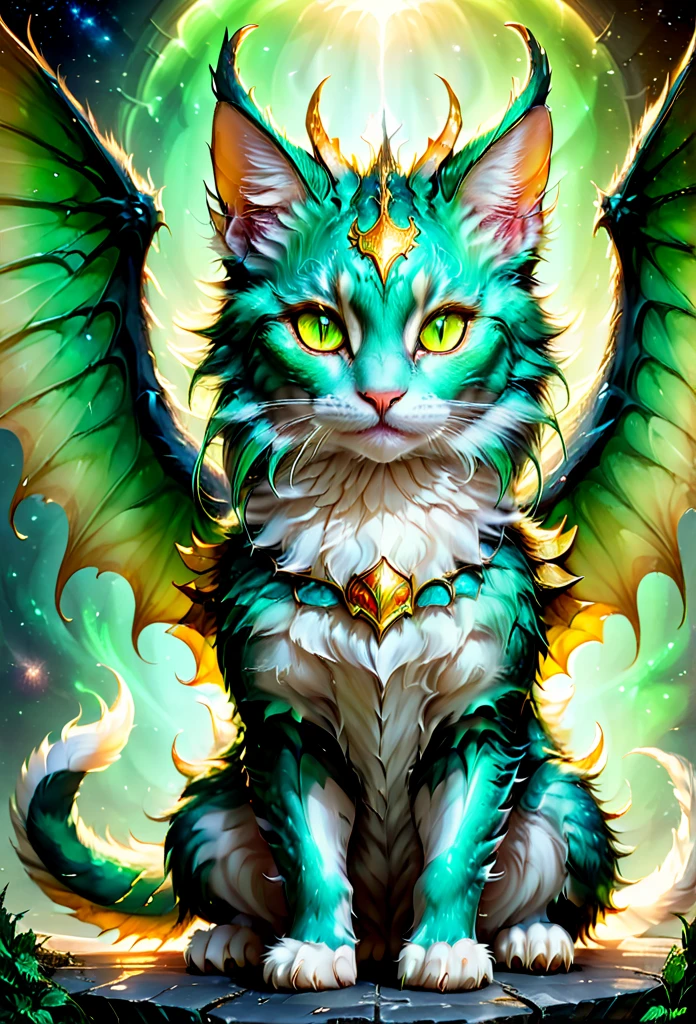 full body, feral, hybrid between cat and furred dragon, green and golden fur, wings, horns, tail, chest fluff, paws, fangs, ton back, faded gold eyes, a quadruped creature, detailed fur, intricate textures, detailed background, space, battlefield, dramatic lighting, muted color palette, cinematic composition, ultra-detailed, 8k, photorealistic, masterpiece. No multiplication, one tail. Stained glass wings.