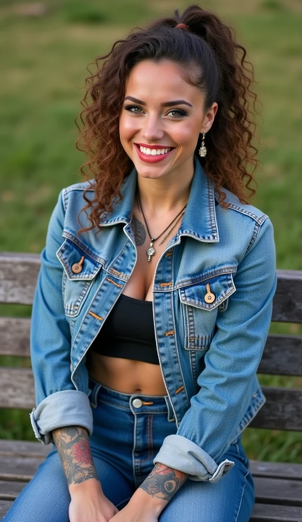 analorde, a woman, smiling, sitting under the tree, deep cut black top, tight jeans, big natural , realistic, photography, red curly medium hair,