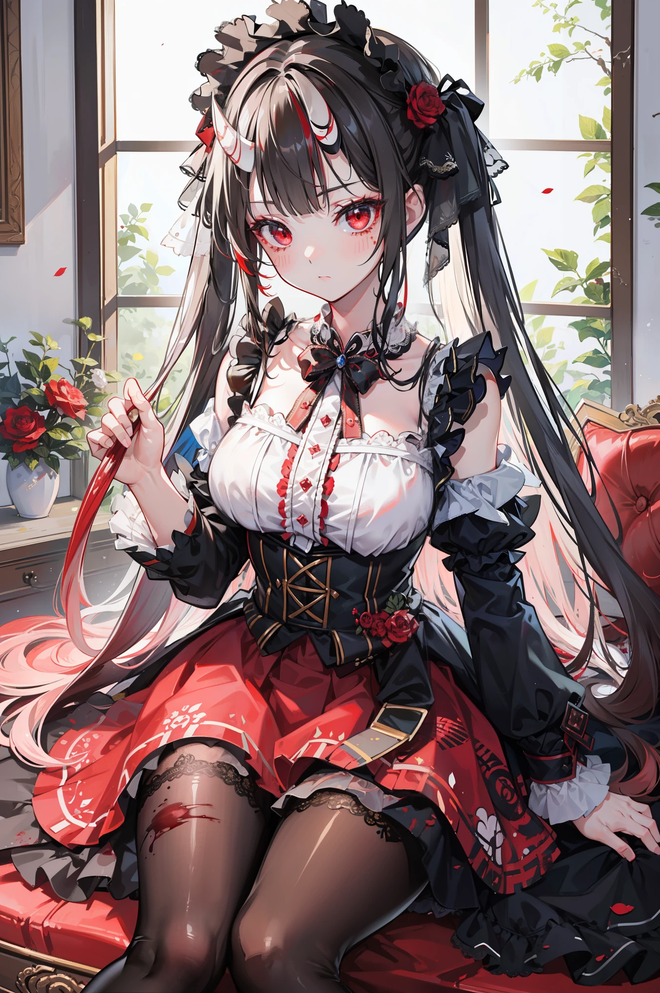Anime girl sitting on a red couch with a rose in her hand - SeaArt AI