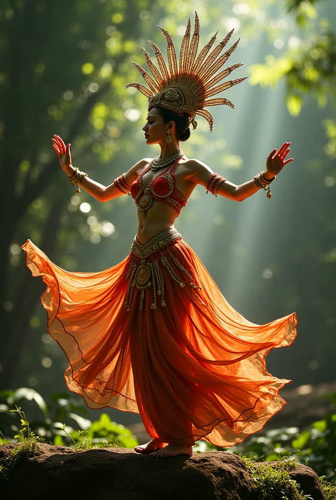 an Indonesian woman with brown skin wearing traditional Javanese clothes is dancing