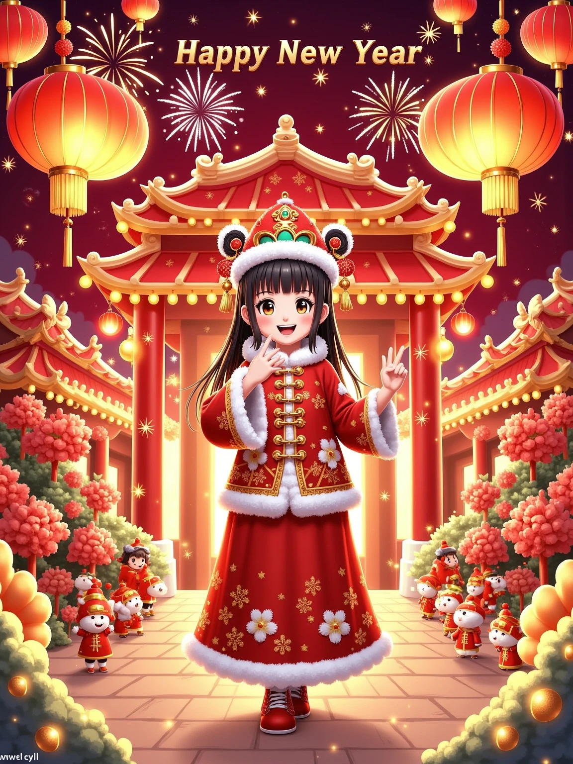 2025 New Year theme,red as the main color with golden accents,cartoon characters wearing festive New Year outfits,cheerful expressions,fireworks,red lanterns,Chinese knots,dynamic composition,tents replaced with red pavilions or New Year decorations,promotional text "Happy New Year 2025," "Everything goes well," strong holiday atmosphere