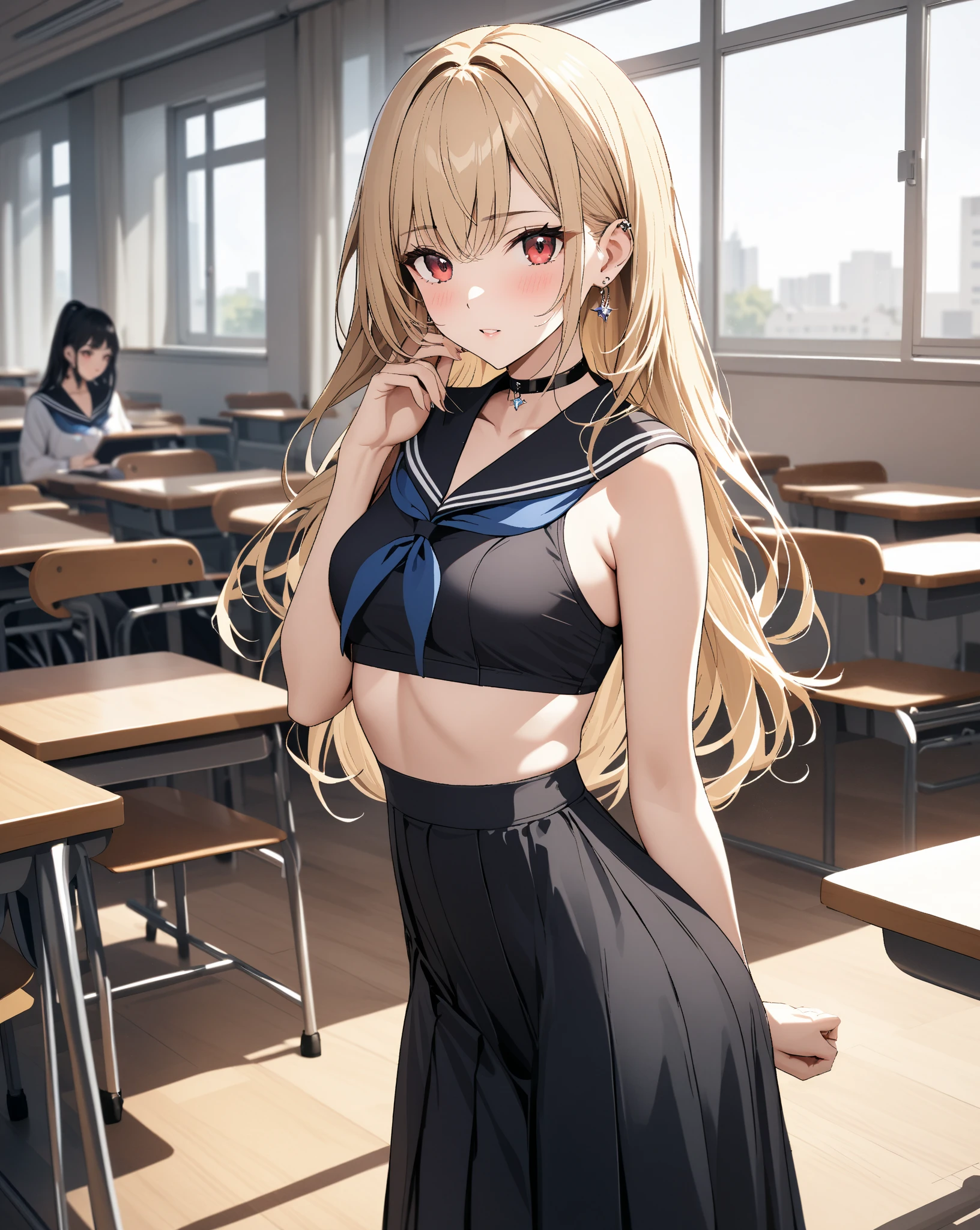 High quality、highest quality、complete limbs、Ultra high definition、Sparkling eyes、full finger、slender beauty、Group of 3、Wearing a school swimsuit、shiny skin