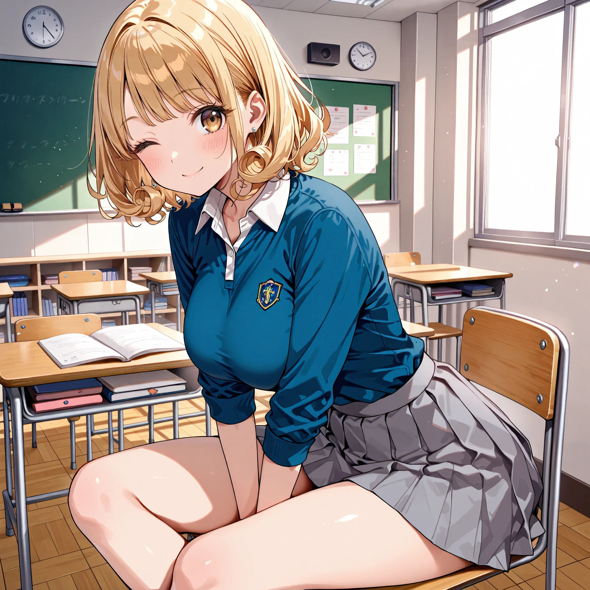 girl, blond short side fringe ,loose curly hair, Precise and cute brown eyes( blond short side fringe ,loose curly hair and Precise and cute brown eyes), school classroom , sitting cross-legged, dynamic movement,piece,Wink, , curled eyelashes ,pieceしている, ( normal size breasts:0.9),smile, beautiful eyes in every detail , beautiful faces, skin with great attention to detail,blue polo shirts,grey pleats skirt, very detailed, charming,Perfect Anatomy