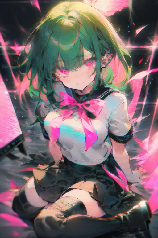 Manami, green hair, pink eyes, black seifuku, short sleeves, stockings, boots, large breasts, crt tv