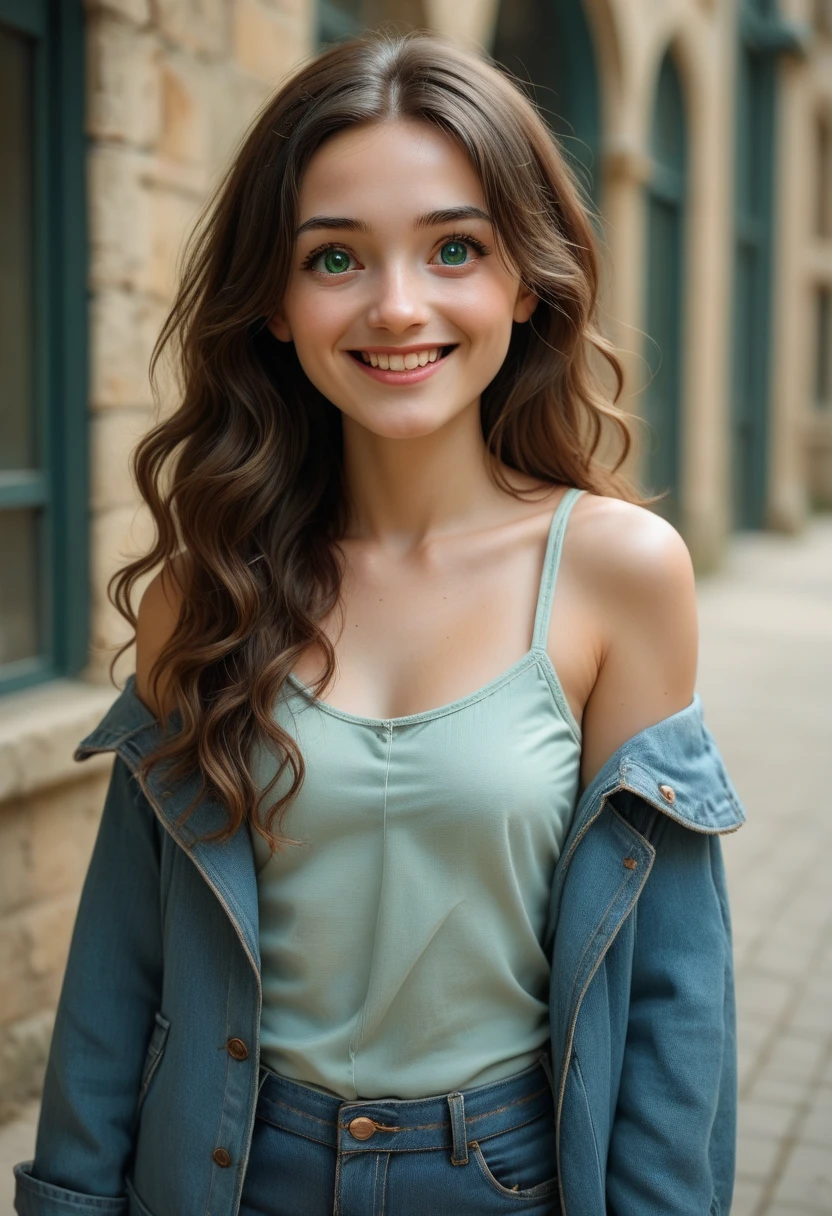  A beautiful girl with clear and absolutely stunning skin ,  wide-eyed,  light grey-green eyes ,  very long and very wavy brown hair with faint light green reflections, anxious and excited , perfect smile, young and empathetic ,  also understanding and sociable, long shirt,  light blue denim pants,  jacket that slips off the shoulders ,  impressive shape ,  in front of the clouds ,