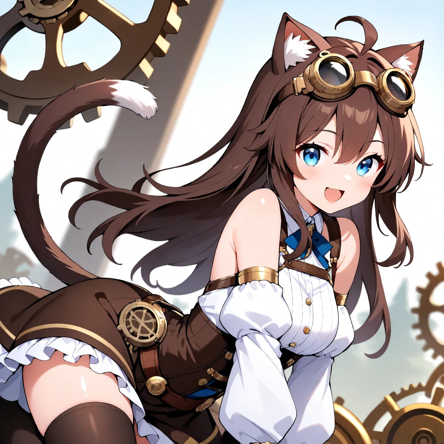 a cute anime character is dressed as a steampunk cat in goggles, gears, 1girl, animal ears, solo, goggles, goggles on head, tail, steampunk, cat tail, detached sleeves, smile, cat ears, blue eyes, thighhighs, :d, brown hair, shirt, skirt, cat girl, looking at viewer, white shirt, black thighhighs, long sleeves, bow, puffy sleeves, open mouth, hair between eyes, bangs, ahoge, frills, blurry, blurry background