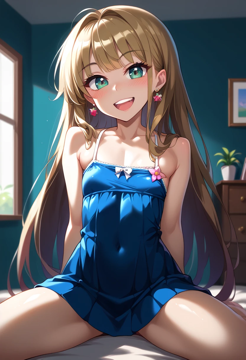 (( best quality)), ((masterpiece)), (be familiar with),  perfect face, indoor, bedroom,  viewer,
One woman,  Gamemun Neko ,
 open mouth,  ecstatic expression with hands in front of body, blush, smile,
Small breasts,  flat chested, Young girl, Lori,  s,  girl,
 long hair,  Long Hair,
Leg spread,