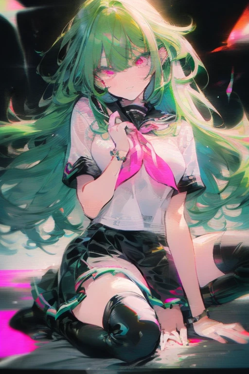 Manami, green hair, pink eyes, black seifuku, short sleeves, stockings, boots, large breasts, crt tv