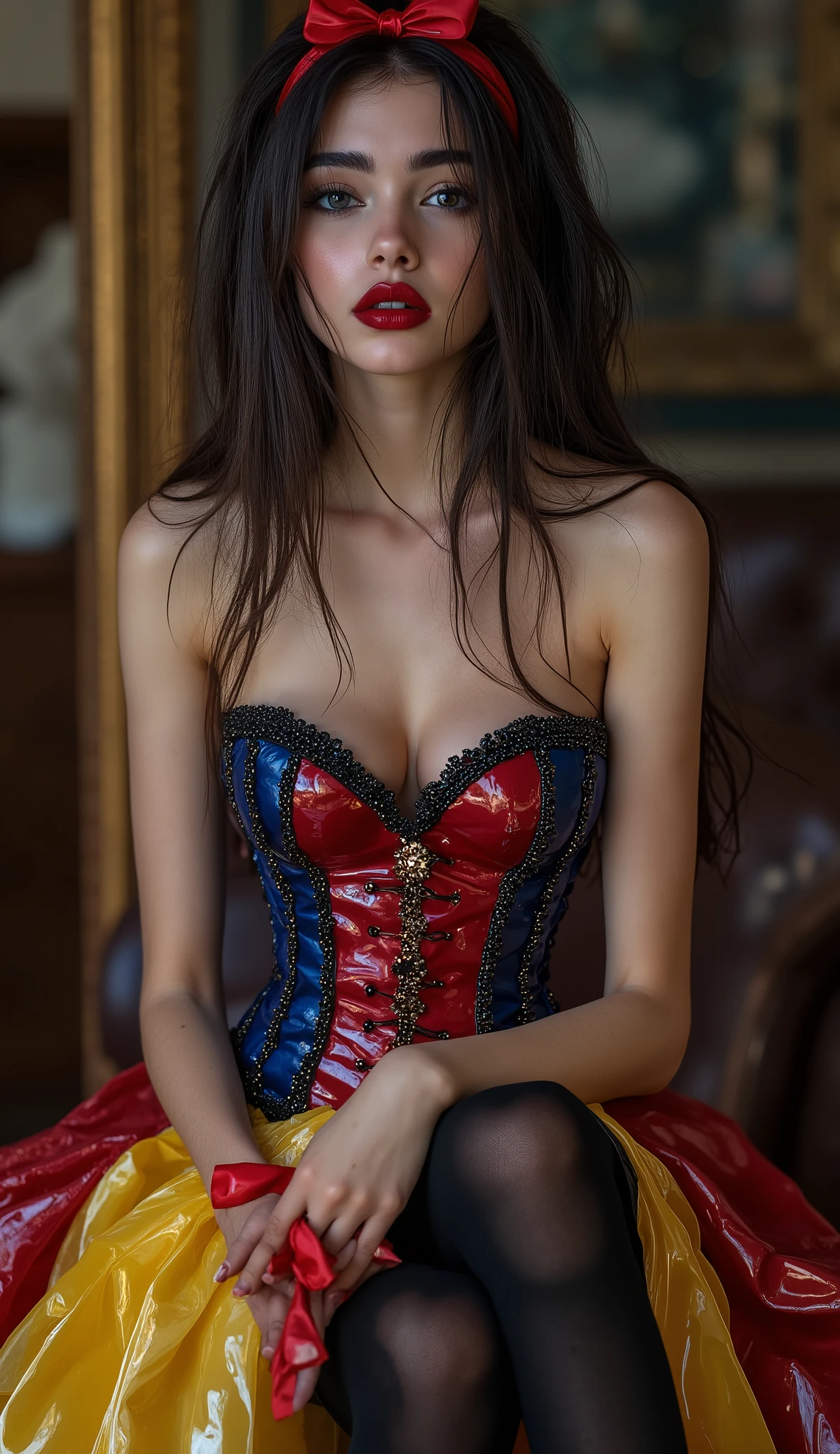 ((extremely realistic cinematic photo)), ((A ********** girl dressed as the Disney character Snow White)) as (BDSM Domina), ( extremely skinny slim supermodel body with skinny long legs), ultra skinny waist, ((tall slender skinny anorexic Supermodel body)), she wear ((glossy red black skintight latex corset with intricate Design)) latex Snow White dress in blue red and yellow, and (glass platform 20inch high heels shoes), long black over the knee silk stockings vith red tied ribbons, colors, red blue yellow on here clothing, intricate details, high quality, sharp focus, ultrarealistic textures,low cowboy shot angel, wide angel, full body.