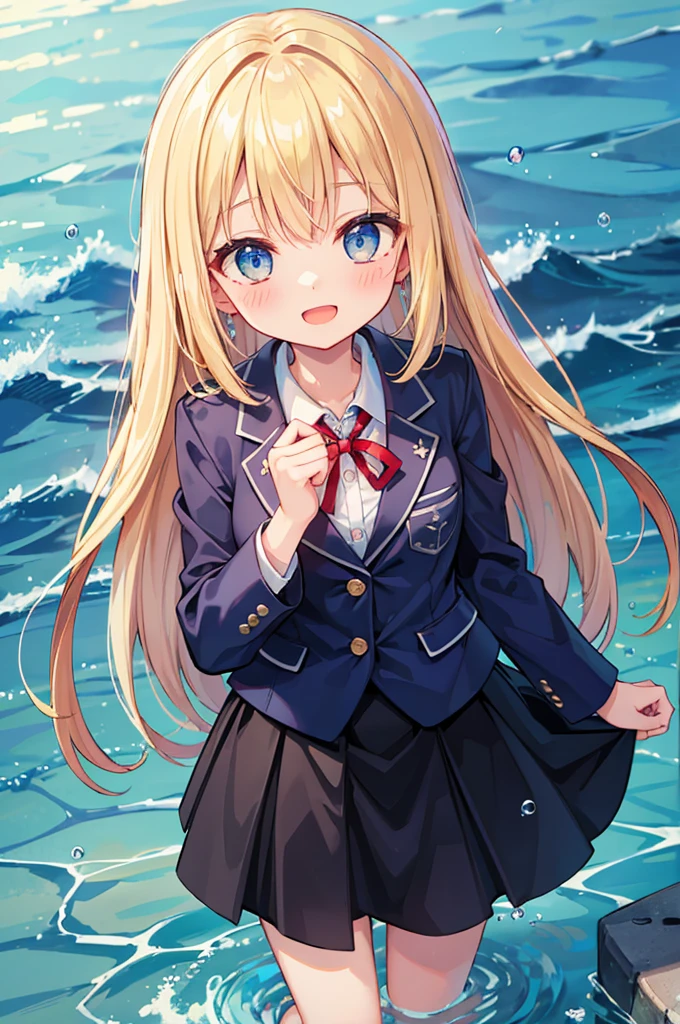 (8k,  top quality, masterpiece: 1.2), ultra high definition, 1 person,  cute, Alone, very detailed face,  is standing,  blondes,  blazer,  shirt, blouse, ribbon,  navy blue のシワ付スカート,  navy blue , Gothic Long Skirt, sea, sea水浴,  Soaking,  water play , 頭から足まで Soaking, Submersion, ish,  best smile, date,  excited, There are water droplets on the body, Water up to one&#39;s chest,  is standing, 