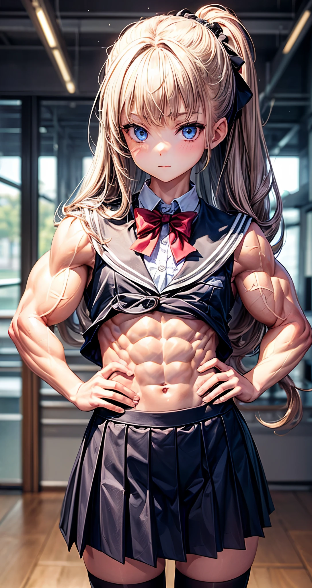 (BEST lighting) , (ultra intricately detailed) , 4K unification, (super-detailed CG: 1.2) , (8K: 1.2),(Original), (Masterpiece) , (Best quality),(Masterpiece:1.4),Anime-ish high quality,(Masterpiece),Masterpiece, Super clear picture quality,Clearer than movies,(Fine face)Best quality, absurderes,((masterpeace, 4K, 8K, Yes, A high resolution))1girll, schoolgirls,She was in the classroom,Black school uniform,white bowties,Bow knot,Ten strong abs,Perfect body proportions,standing on your feet,Exposing the abdomen, White costume,There are bulges of dense veins on the arms,Spring, Sports boots, Perfect figure, Anxious long pink hair, Dynamic pose,Legs exposed,Strong leg muscles ((body builder:1.5)),Classroom(Beautiful bace),(Girl),(Female),(((Upper body:1)))