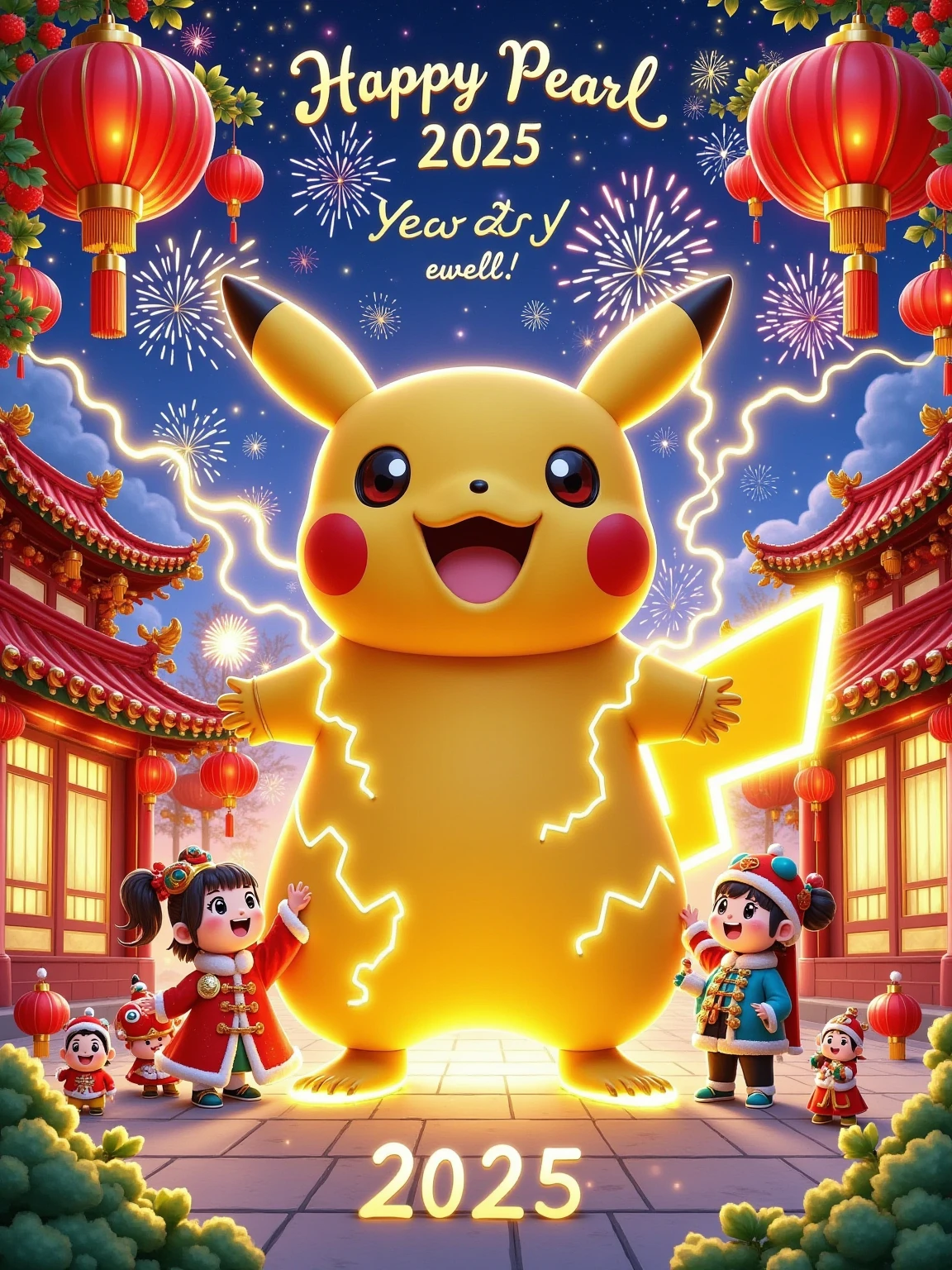 2025 New Year theme,red as the main color with golden accents,cartoon characters wearing festive New Year outfits,cheerful expressions,fireworks,red lanterns,Chinese knots,dynamic composition,tents replaced with red pavilions or New Year decorations,promotional text "Happy New Year 2025," "Everything goes well," strong holiday atmosphere