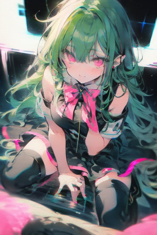 Manami, green hair, pink eyes, black seifuku, short sleeves, stockings, boots, large breasts, crt tv