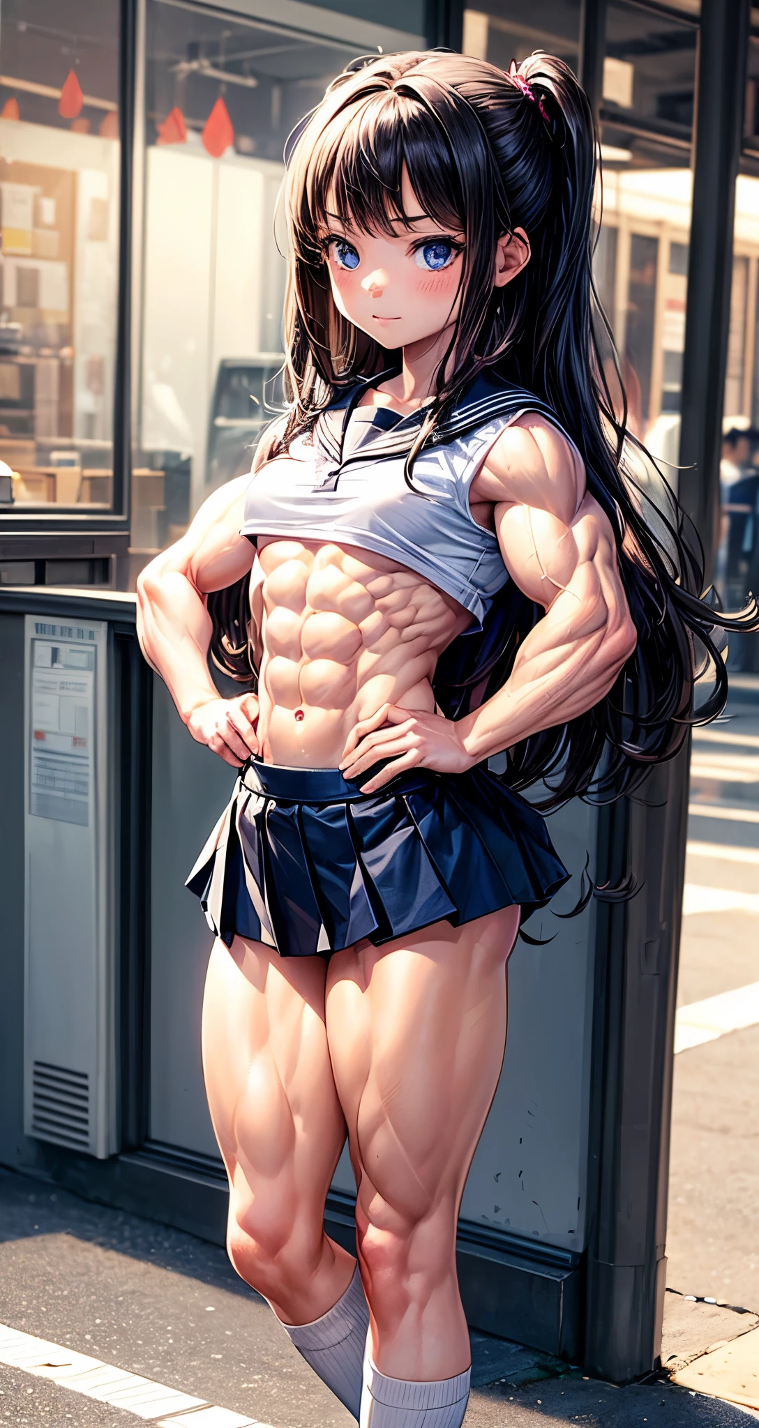 (BEST lighting) , (ultra intricately detailed) , 4K unification, (super-detailed CG: 1.2) , (8K: 1.2),(Original), (Masterpiece) , (Best quality),(Masterpiece:1.4),Anime-ish high quality,(Masterpiece),Masterpiece, Super clear picture quality,Clearer than movies,(Fine face)Best quality, absurderes,((masterpeace, 4K, 8K, Yes, A high resolution))1girll, girls,ssmile,She was inside Sky City,Black school uniform,white bowties,Bow knot,Ten strong abs,Perfect body proportions,standing on your feet,Exposing the abdomen, White costume,There are bulges of dense veins on the arms,Spring, Sports boots, Perfect figure, Anxious long white and black hair, Dynamic pose,Legs exposed,Strong leg muscles ((body builder:1.5)),Classroom(Beautiful bace),(Girl),(Female),(((Upper body:1)))