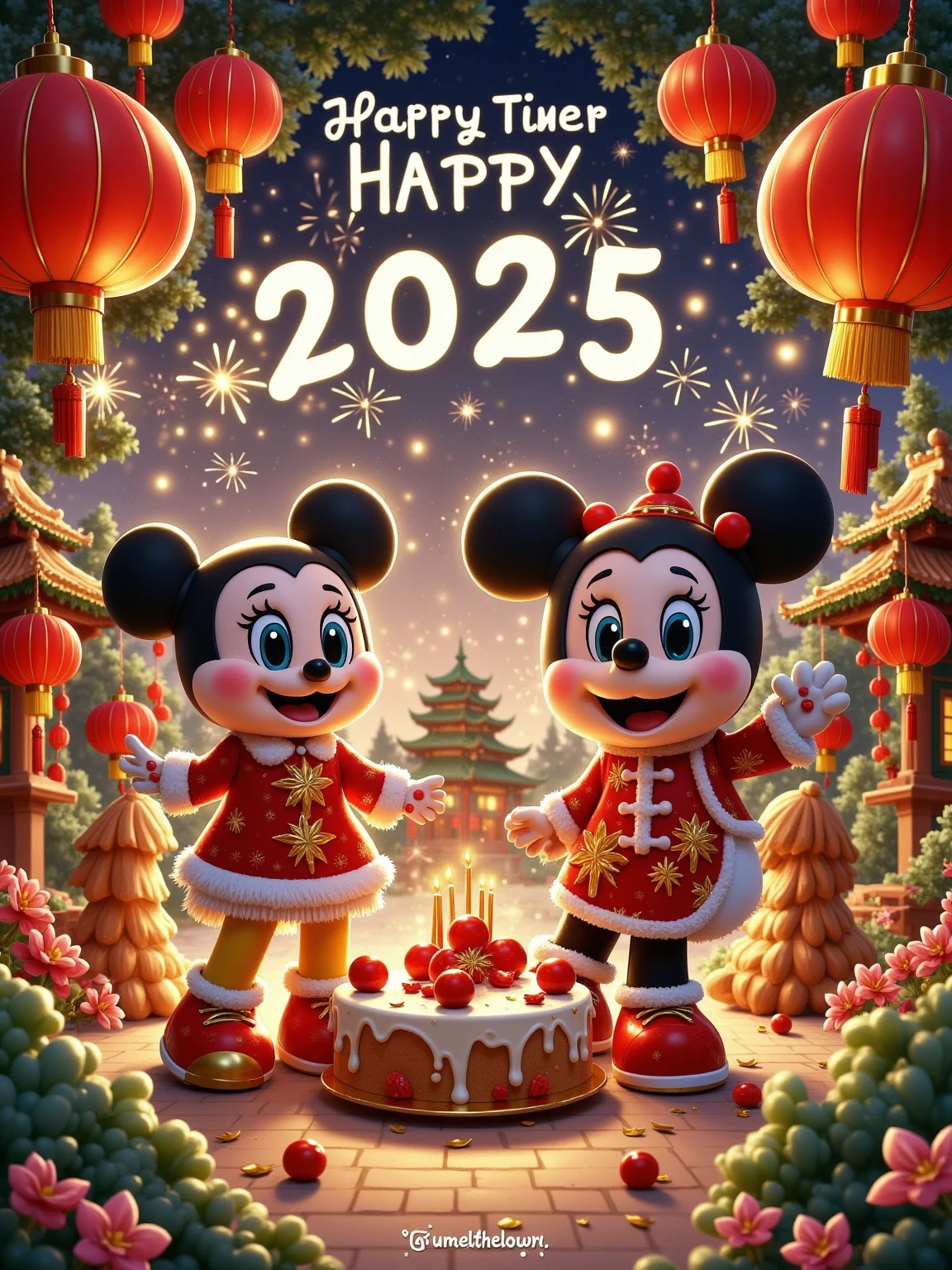 2025 New Year theme,red as the main color with golden accents,cartoon characters wearing festive New Year outfits,cheerful expressions,fireworks,red lanterns,Chinese knots,dynamic composition,tents replaced with red pavilions or New Year decorations,promotional text "Happy New Year 2025," "Everything goes well," strong holiday atmosphere