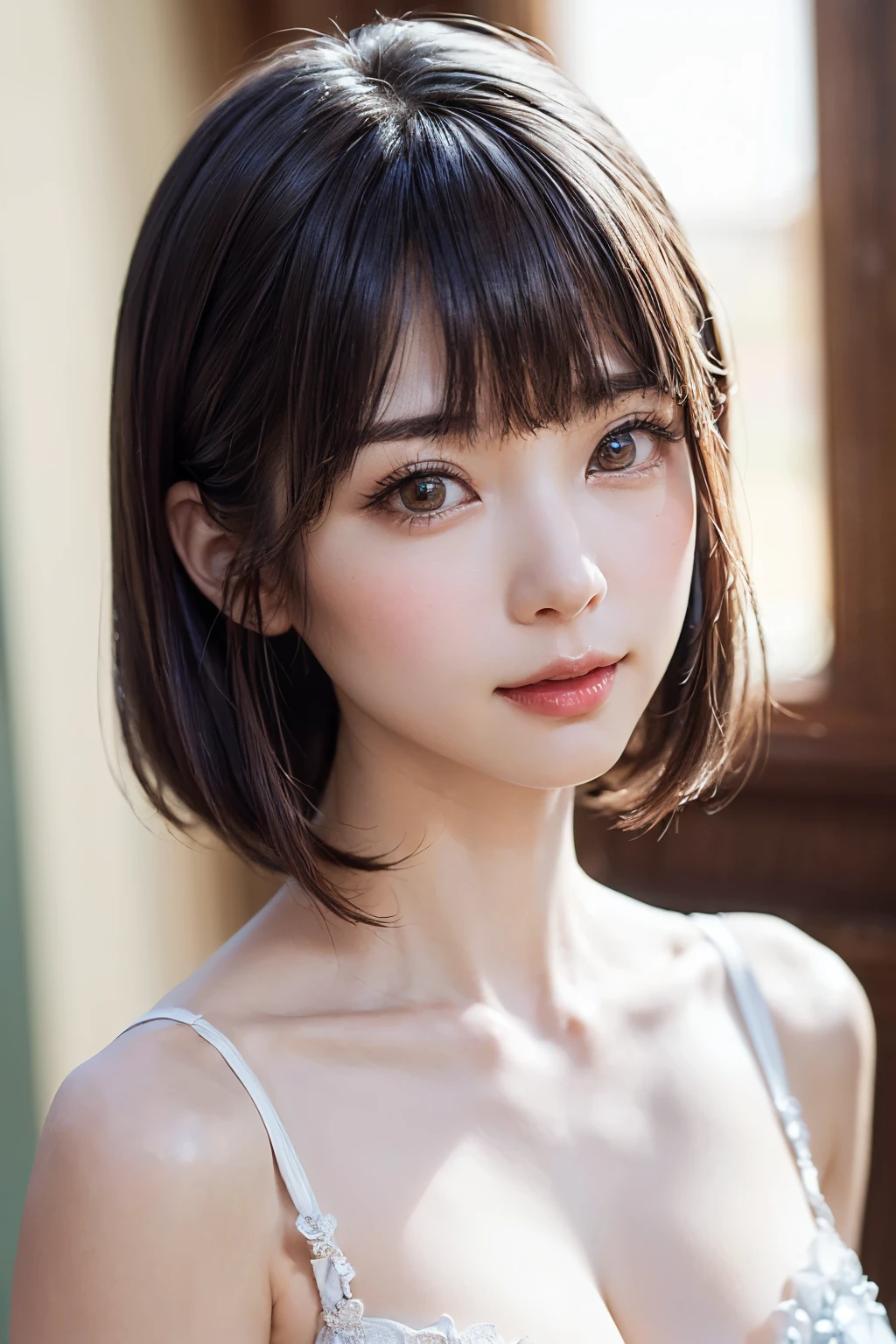 1 girl、highest quality、Realistic、alone、Written boundary depth、Natural soft light、Daytime、charm、Beautiful Face、Cleanliness、Pure Face、White skin、cute、Bob Hair、short hair、bright hazel eyes:1.6、Beautiful Lips、美しいLong neck、Beautiful décolletage、bangs、Beach、Light of the sun、Nedium Breast Body Esbian、((黄金比のBeautiful Face、 対称性のあるBeautiful Face、Dutch Angle Shot、Elevation))、Long neck、Show me your ears、Stick out your ears。bangsのあるきれいな短いBob Hair、smile with your mouth closed、Perfect hands指、Perfect hands、Perfect body、Perfect Face、Shine a light into your eyes、Perfect Anatomy:1.6、とてもcuteスーパーモデル:1.6、{Huge|big|Hugeな|Mega} chest, chestの谷間、smile:1.6、Very beautiful teeth:1.6