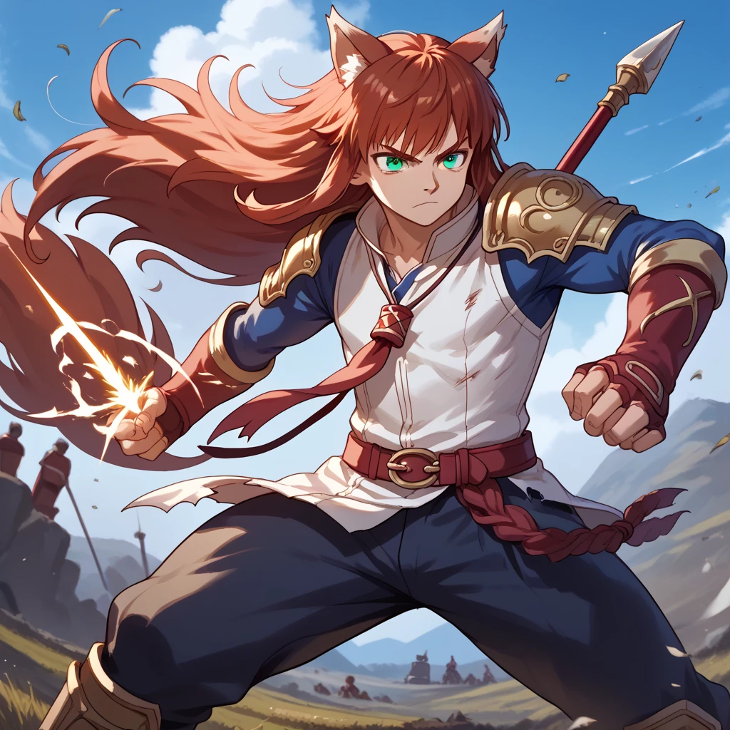  Kemono elf half beast, Your hair and fur are red,  fighting in the middle of a plain,  her clothes are torn and her armor in pieces ,  her expression is fierce and her eyes are serious ,  in her left hand she holds an impressive spear with a long blue fabric that wraps around it,  her other hand is in a claw shape ,  her red hair wobbles in the wind ,  dark skin under the red fur , deep green eyes , iris feral,  animal ears , wolf ears,  body hair , Alone,  Battlefield,  magic and shadows in the background ,  long hair, by the bodies, Alone, 1 man.